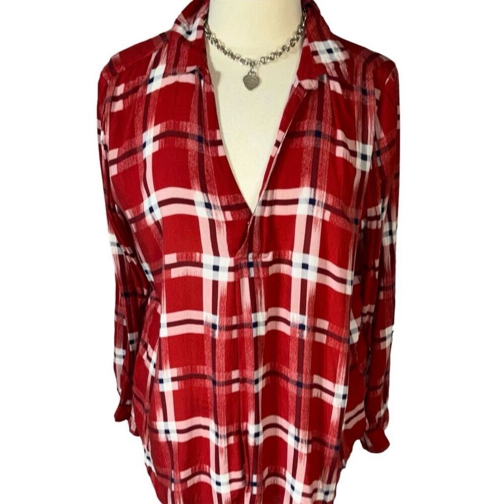 Liverpool Los Angeles Women's Plaid V-Neck Popover Top Size L Multicolor - Picture 2 of 9